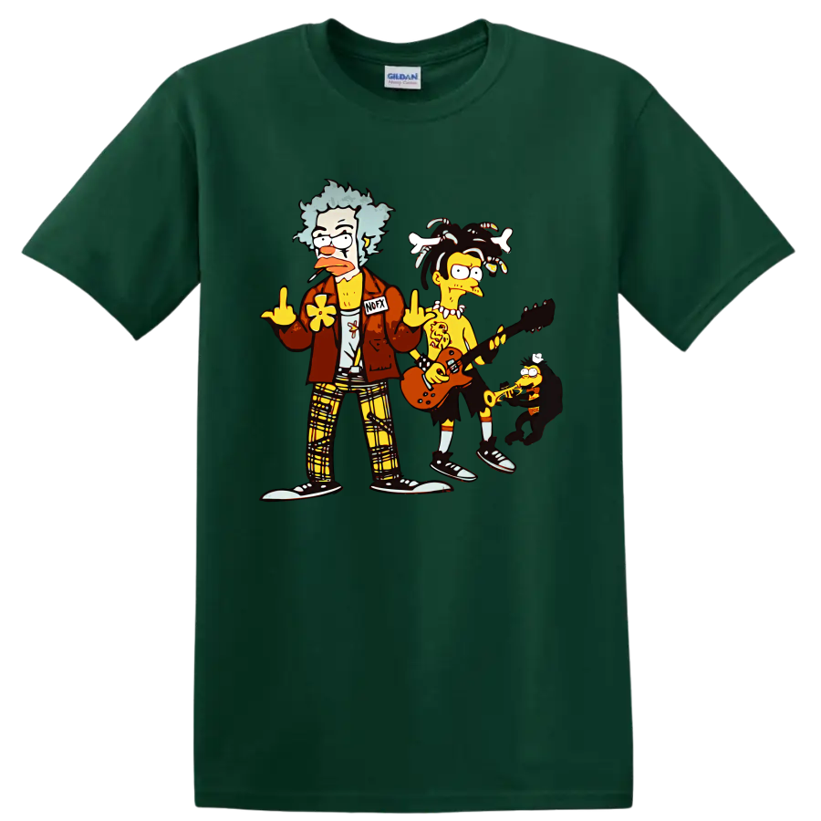 NOFX cartoon punk rock band with guitar and saxophone graphic on a Forest Green T Shirt