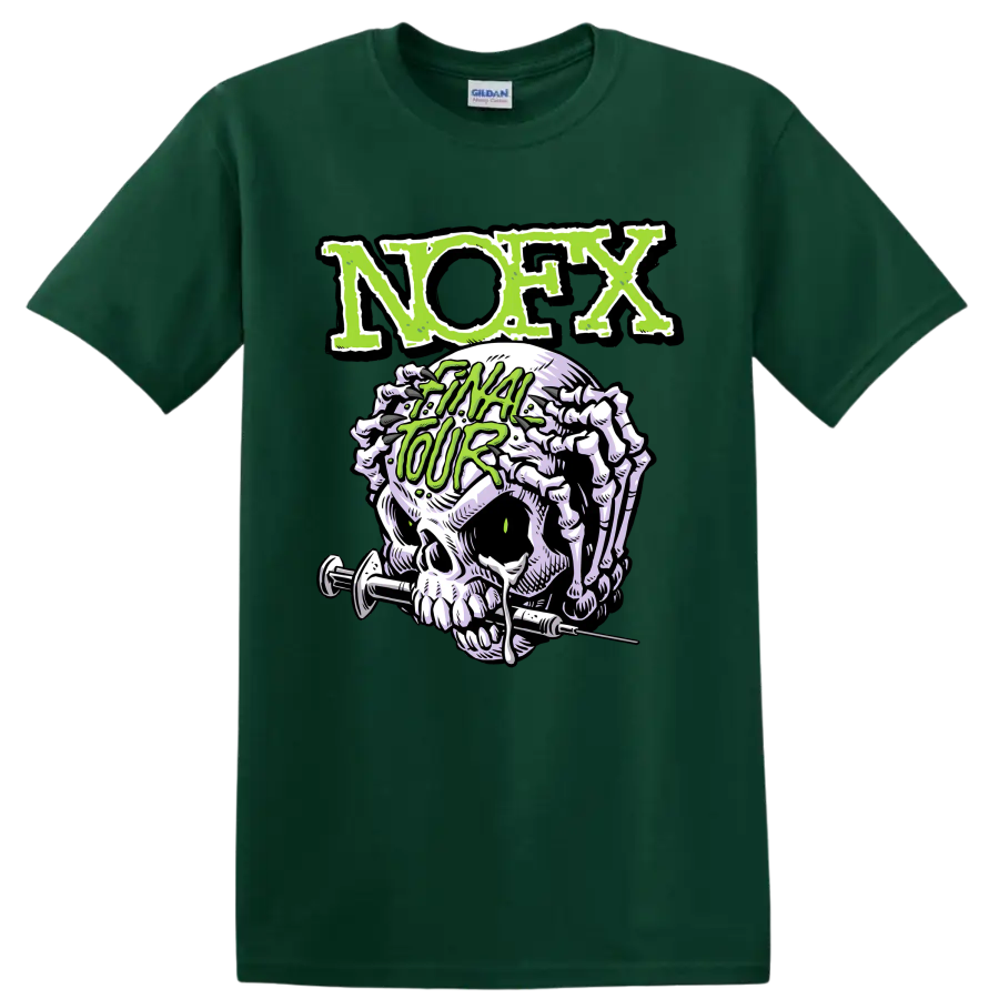 NOFX punk rock skull graphic with distressed green lettering on a Forest Green T Shirt