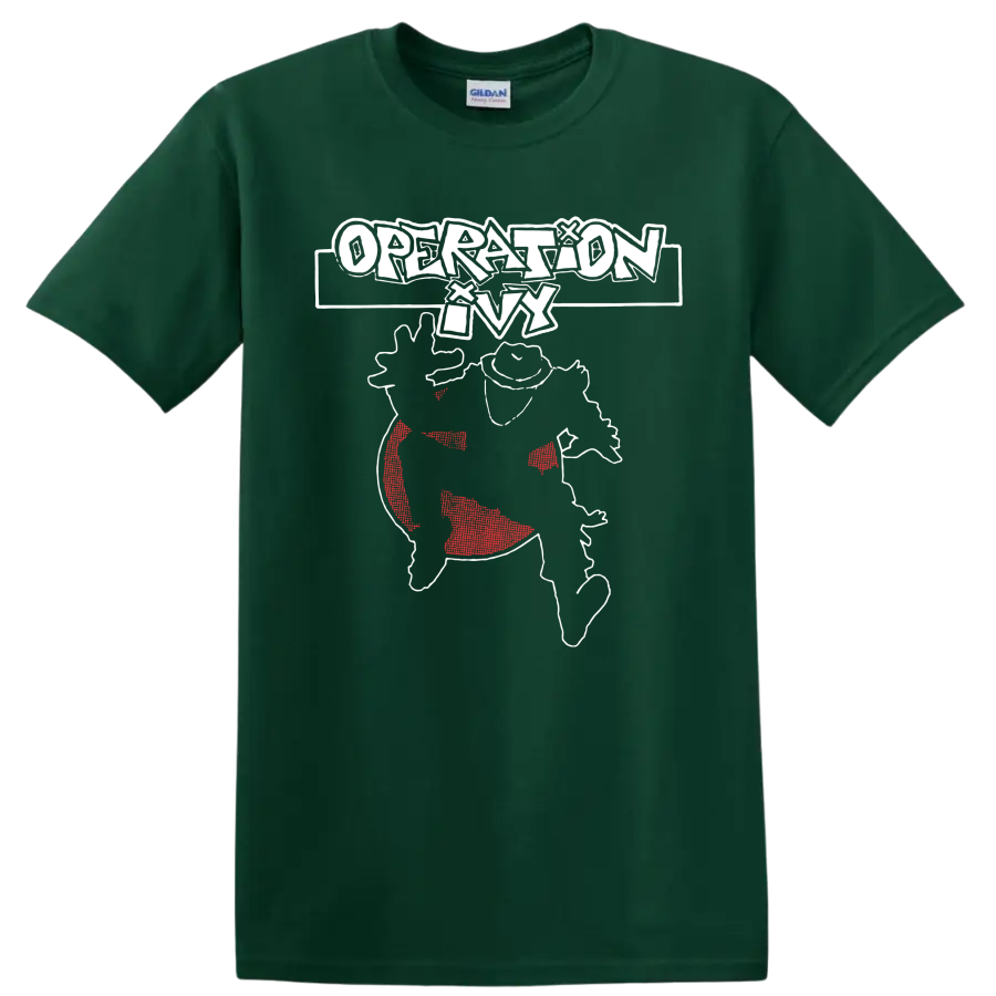 Operation Ivy punk rock graphic with distressed white lettering and red accents on a Forest Green T Shirt