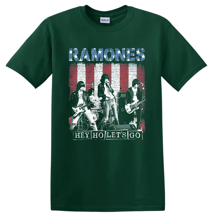 Ramones distressed punk rock graphic with stars, musicians, and striped backdrop on a Forest Green T Shirt