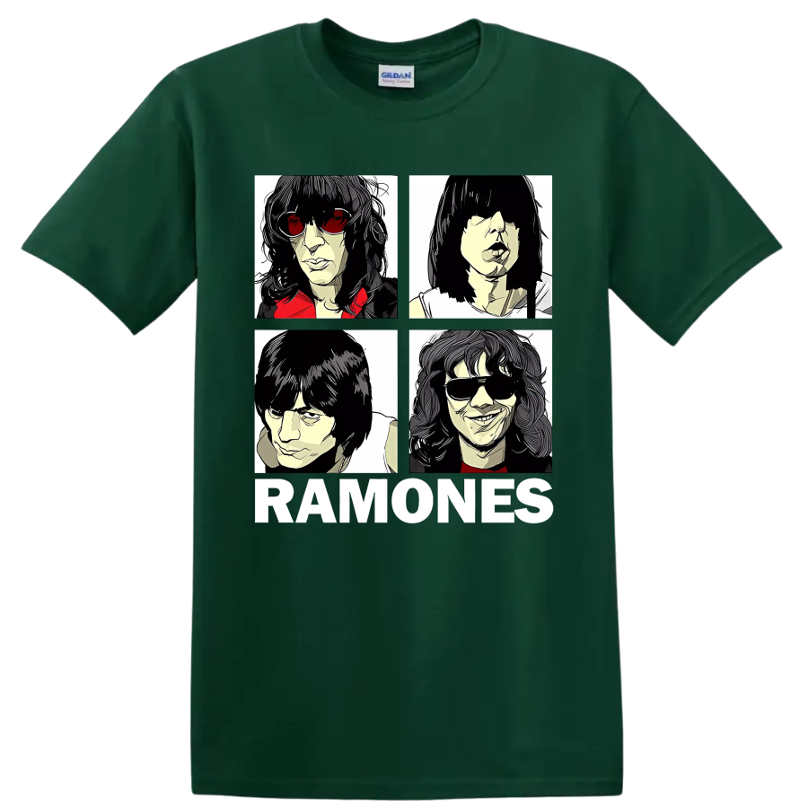 Ramones four-panel punk rock portraits with RAMONES lettering on a Forest Green T Shirt