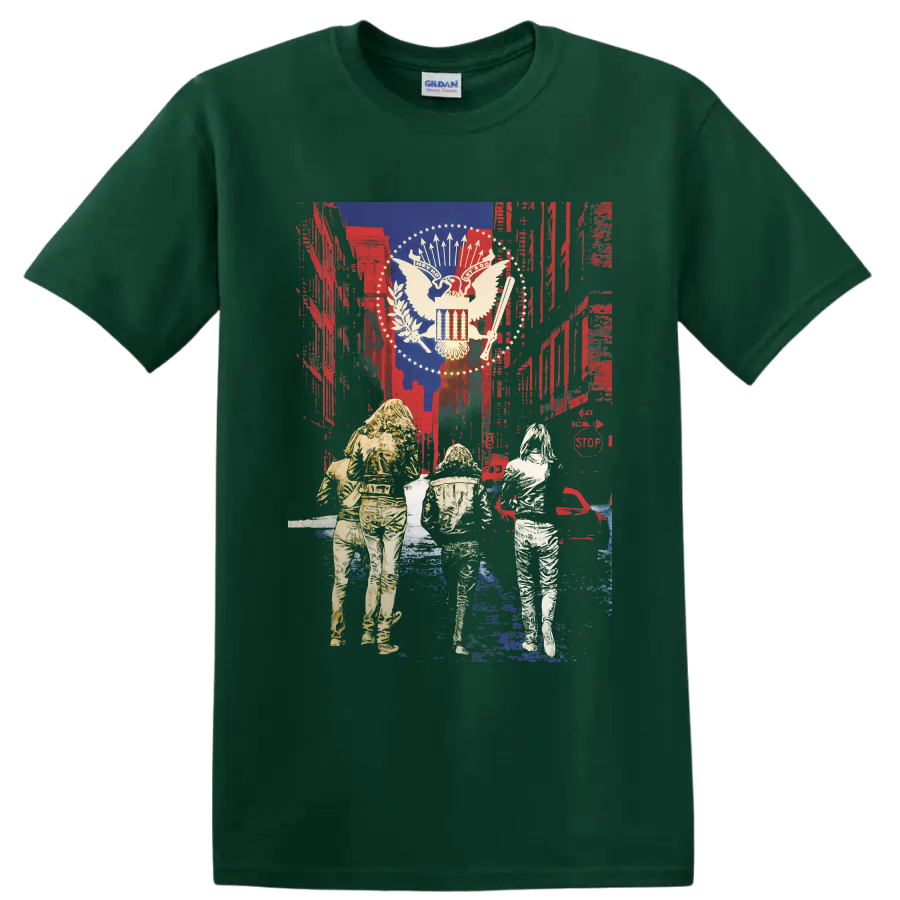 Ramones punk rock eagle graphic with distressed patriotic collage and three figures on a Forest Green T Shirt