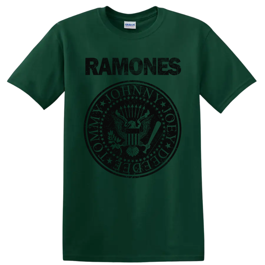 Ramones eagle seal graphic with vintage punk rock lettering on a Forest Green T Shirt