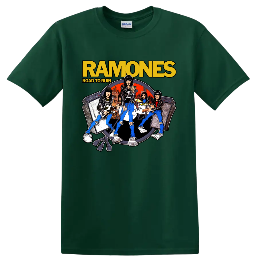 Ramones Road to Ruin illustrated punk rock band graphic print on a Forest Green T Shirt