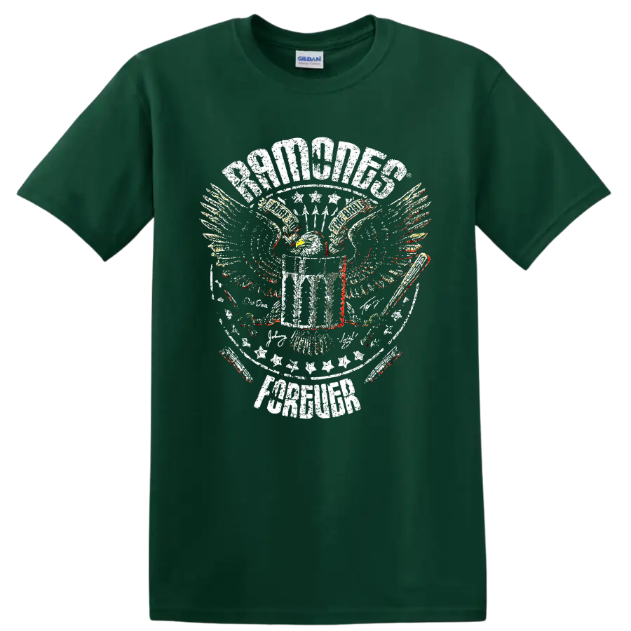 Ramones punk rock eagle crest distressed graphic print on a Forest Green T Shirt