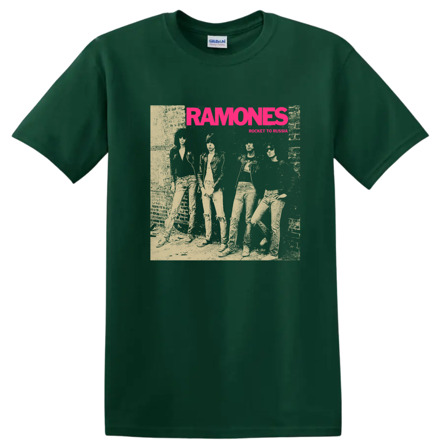 Ramones punk rock band graphic with bold pink lettering and performer collage on a Forest Green T Shirt