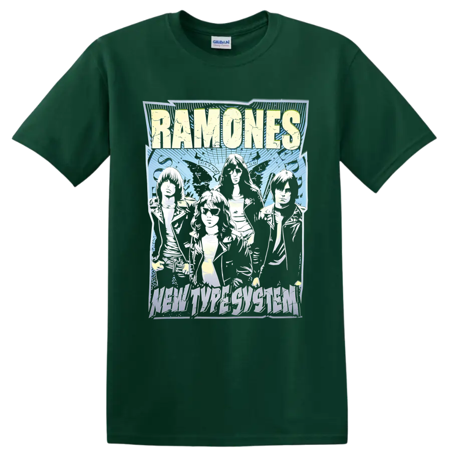 Ramones punk rock band graphic with illustrated portraits and bold lettering on a Forest Green T Shirt