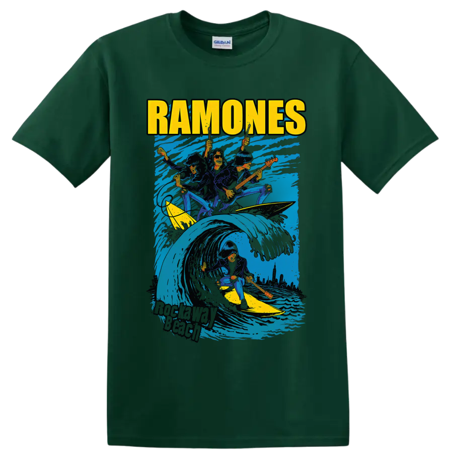 Ramones punk rock band surfing wave graphic with guitars on a Forest Green T Shirt