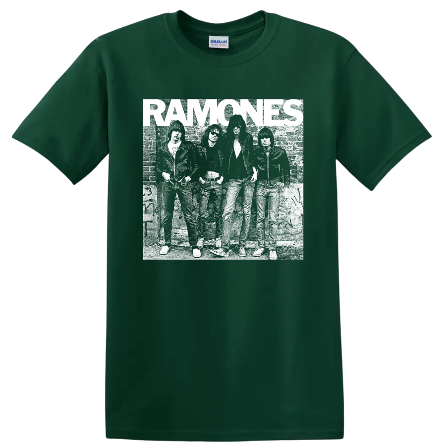 Ramones punk rock band distressed black-and-white graphic print on a Forest Green T Shirt