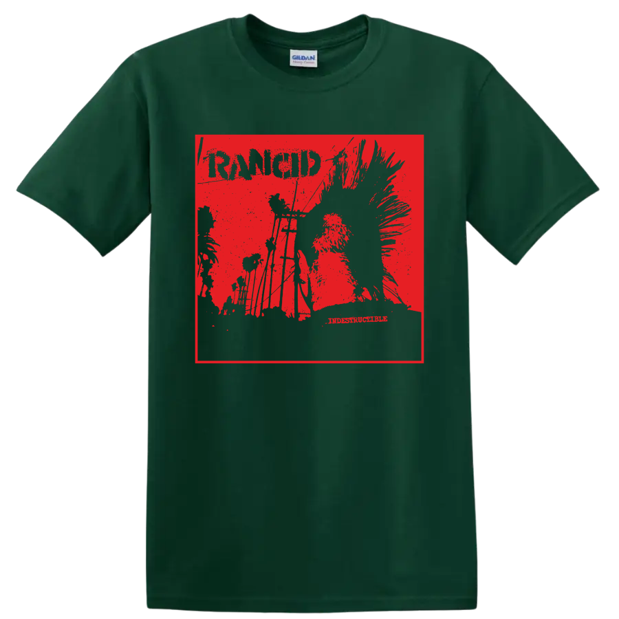 Rancid punk rock distressed graphic with bold band lettering on a Forest Green T Shirt
