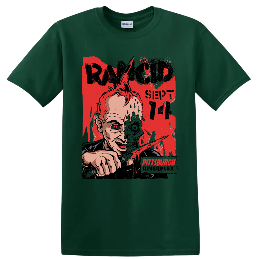 Rancid punk rock distressed half-skull artwork with Pittsburgh lettering on a Forest Green T Shirt