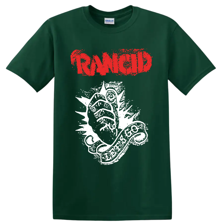 Rancid distressed red logo with white punk rock illustration on a Forest Green T Shirt