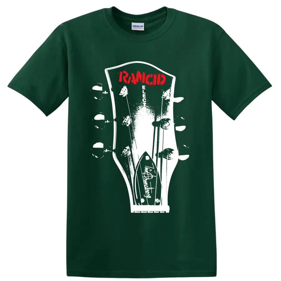 Rancid punk rock band red logo with distressed black-and-white graphic on a Forest Green T Shirt