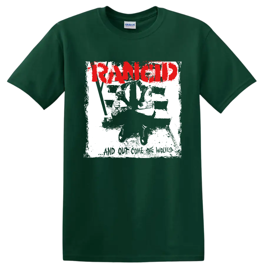Distressed red Rancid logo with black and white punk artwork on a Forest Green T Shirt