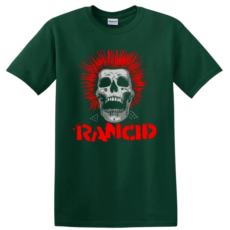 Rancid distressed skull graphic with red burst and bold lettering on a Forest Green T Shirt