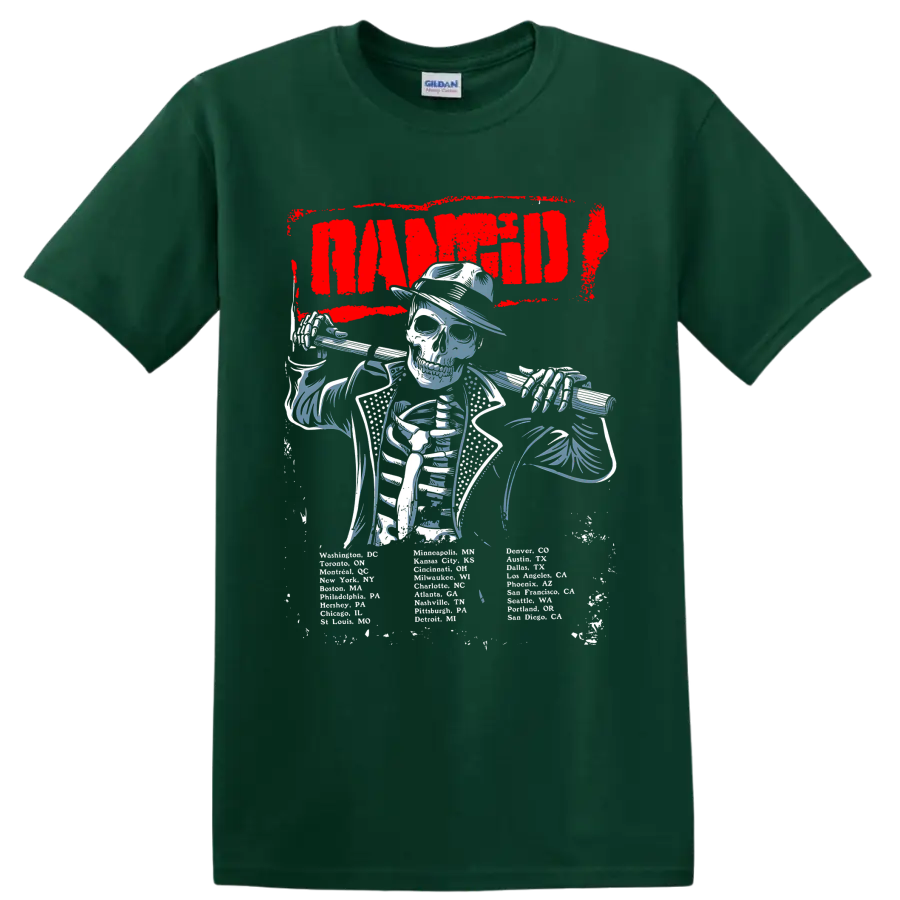 Rancid skeleton musician graphic with bold red lettering on a Forest Green T Shirt
