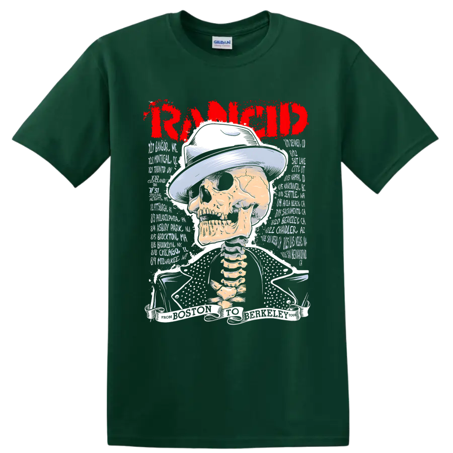 Rancid punk rock skull graphic with distressed red band lettering on a Forest Green T Shirt