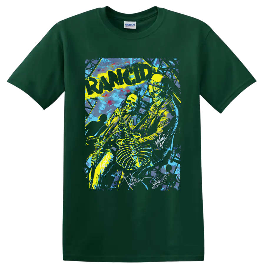 Rancid punk rock skeleton graphic with bold lettering on a Forest Green T Shirt