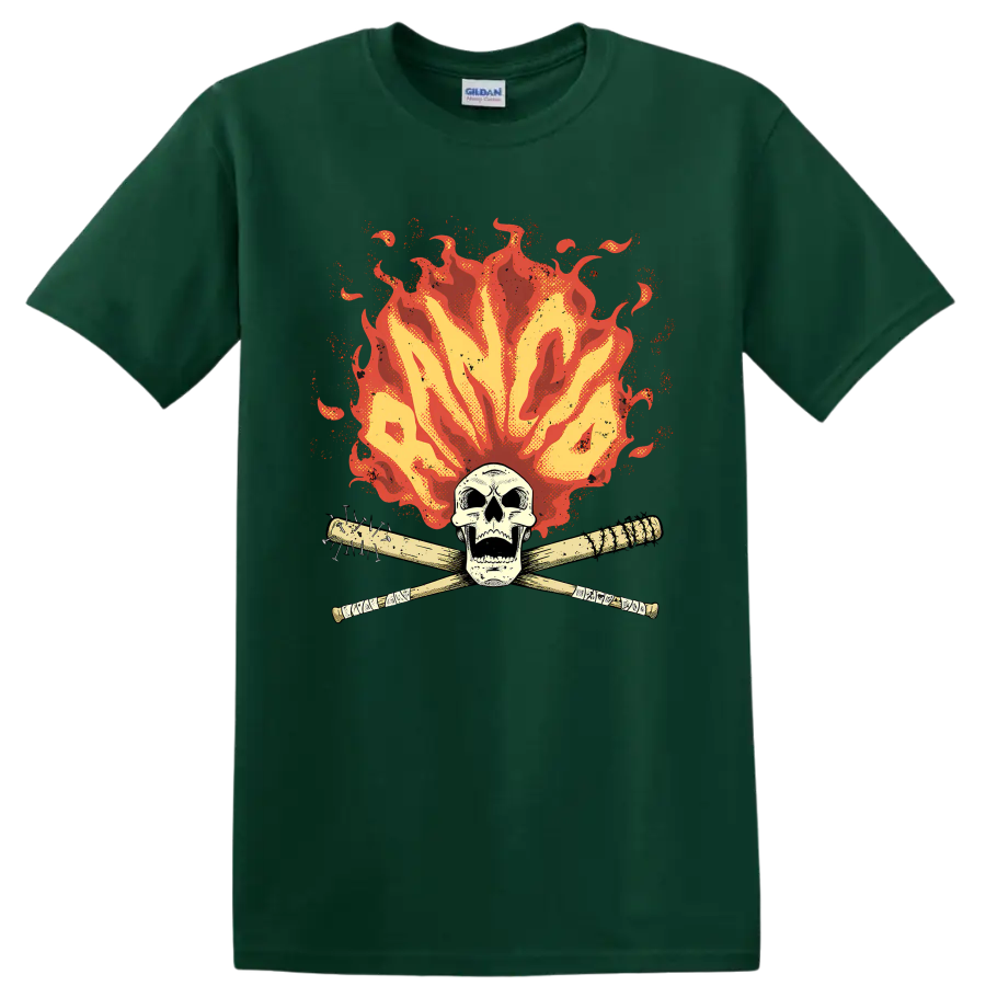 Rancid punk rock skull with crossed bats and distressed flames on a Forest Green T Shirt