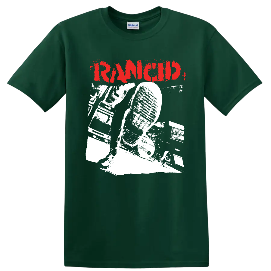 Rancid distressed red logo with bold monochrome punk rock artwork on a Forest Green T Shirt