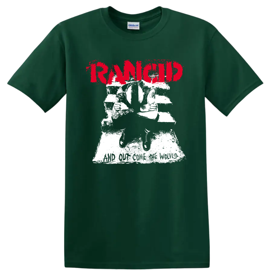 Rancid punk rock graphic with distressed red lettering and white illustration on a Forest Green T Shirt