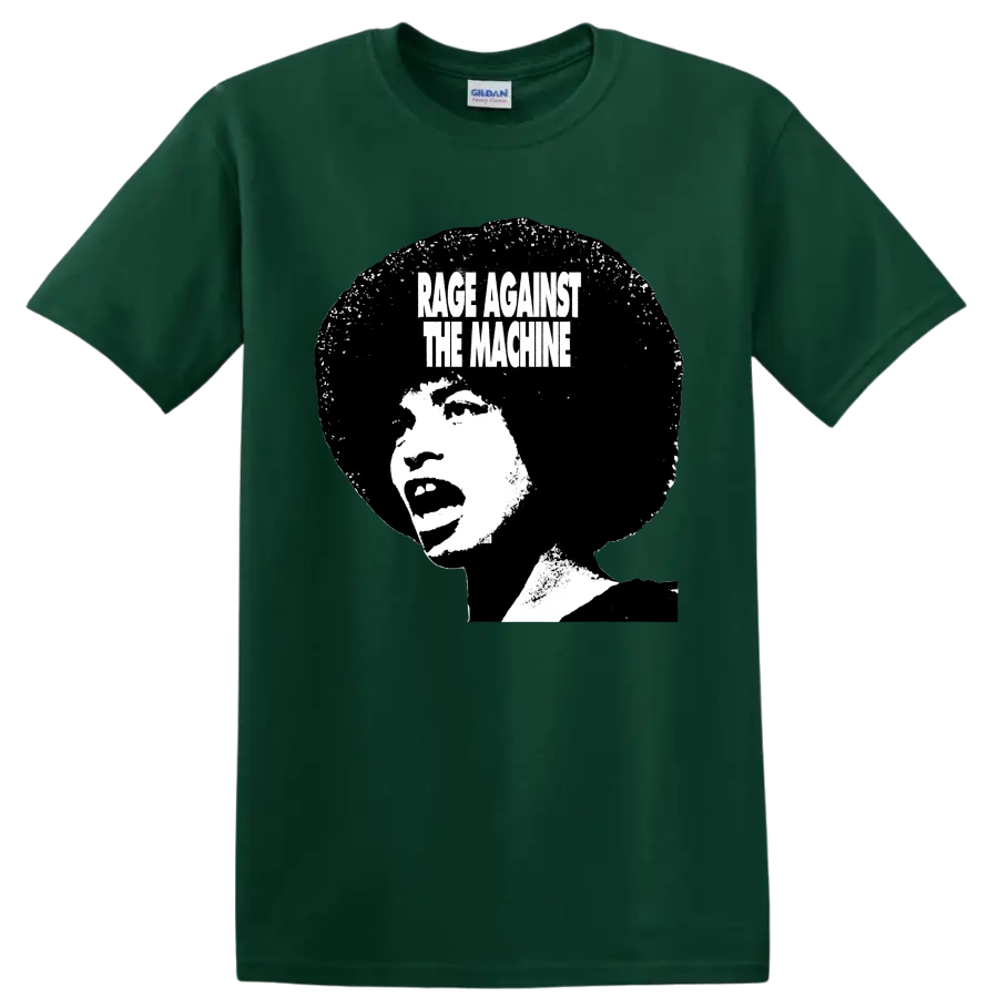 Rage Against the Machine distressed black and white portrait graphic on a Forest Green T Shirt