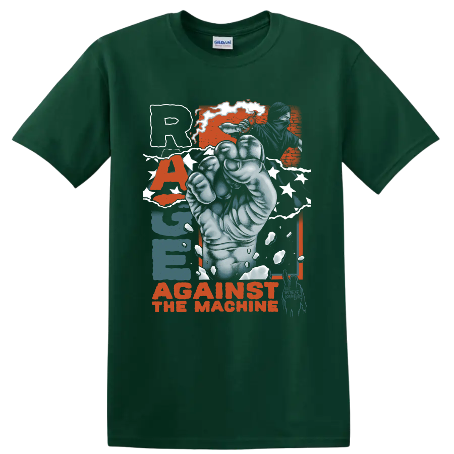 Rage Against the Machine distressed raised fist protest graphic on a Forest Green T Shirt