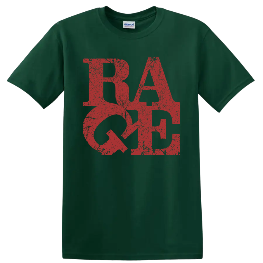 Distressed red RATM logo graphic print on a Forest Green T Shirt