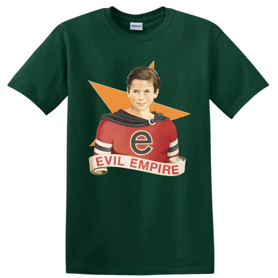 Rage Against the Machine Evil Empire vintage comic-style superhero graphic on a Forest Green T Shirt