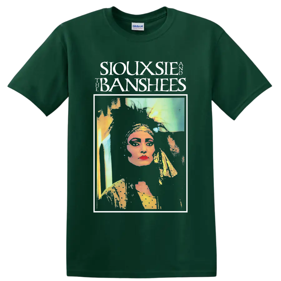 Siouxsie and the Banshees punk rock portrait graphic with bold lettering on a Forest Green T Shirt