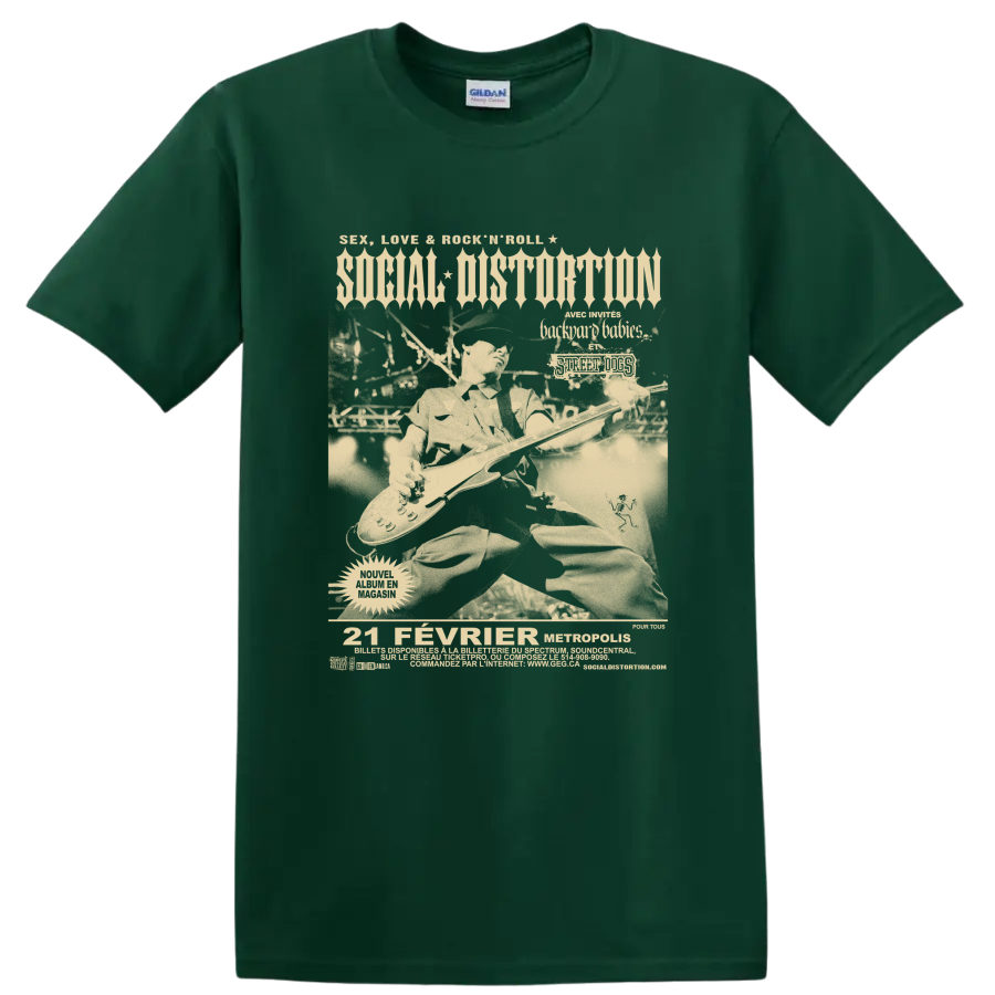 Social Distortion punk rock distressed graphic print on a Forest Green T Shirt