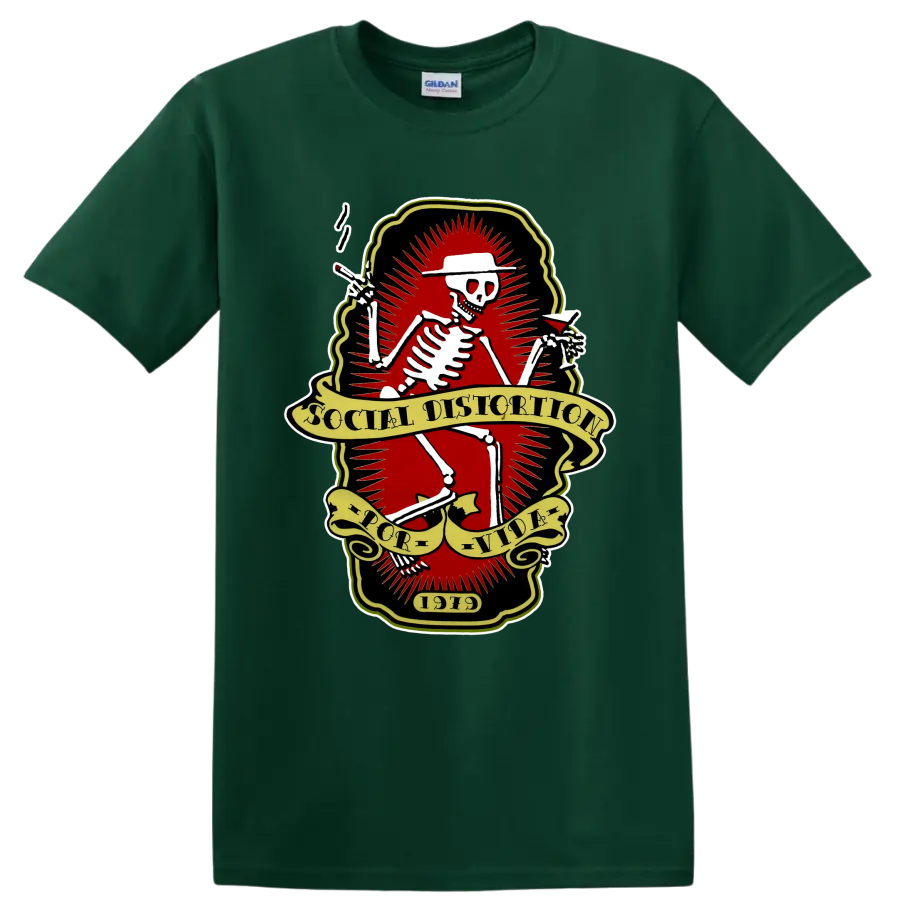 Social Distortion skeleton punk rock band logo with vintage banners on a Forest Green T Shirt