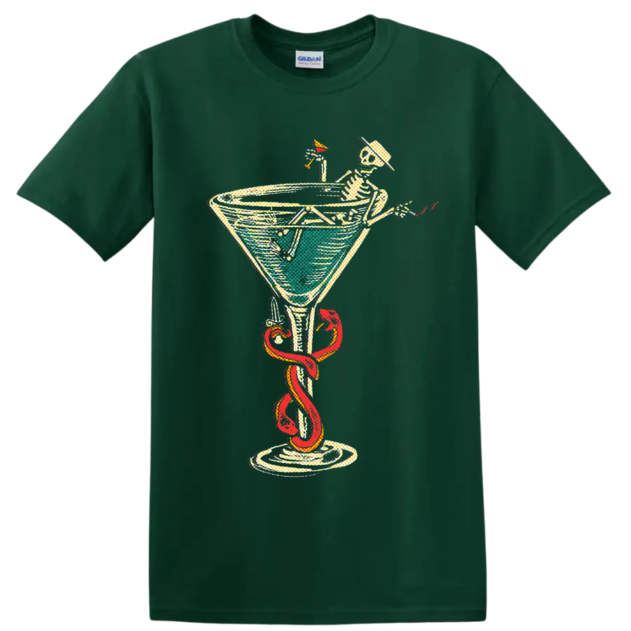 Social Distortion punk rock skeleton cocktail graphic with red snake on a Forest Green T Shirt