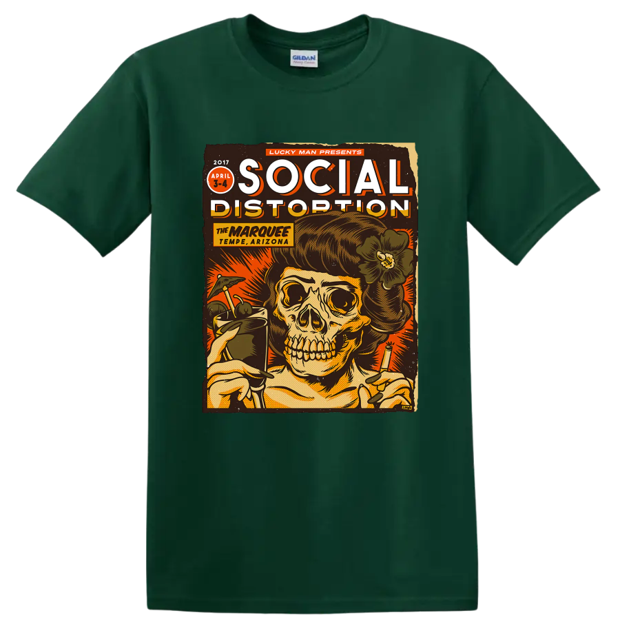 Social Distortion vintage punk rock skull poster graphic on a Forest Green T Shirt