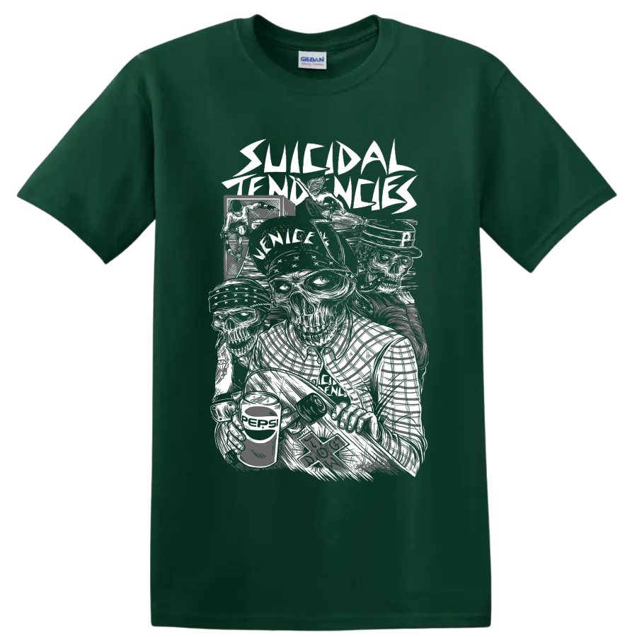 Suicidal Tendencies punk rock band graphic with illustrated figures on a Forest Green T Shirt