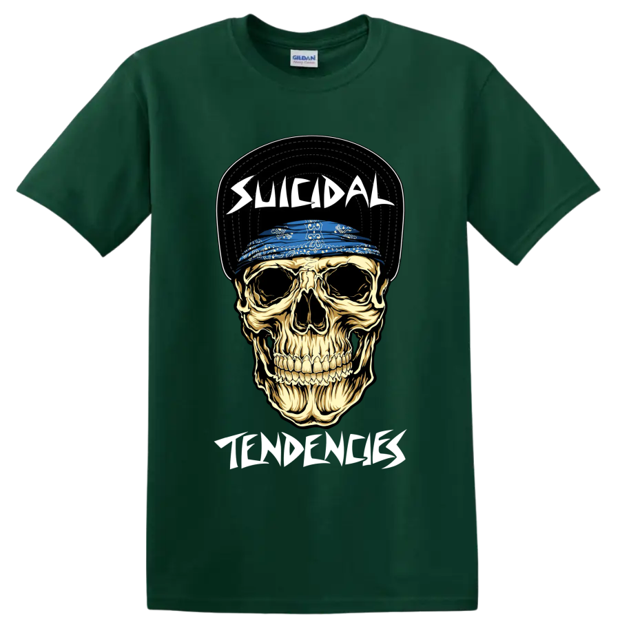 Suicidal Tendencies skull graphic with blue bandana and bold lettering on a Forest Green T Shirt