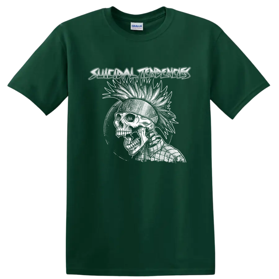 Suicidal Tendencies distressed skull punk rock graphic on a Forest Green T Shirt