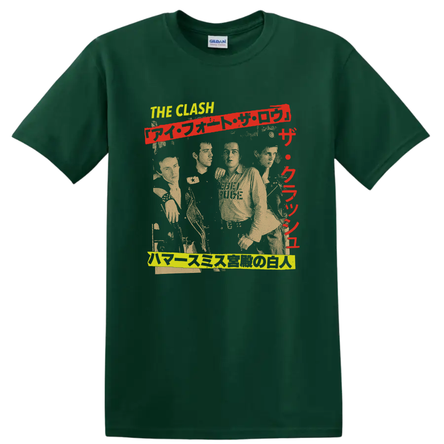 The Clash punk rock graphic with performer silhouettes and red lettering on a Forest Green T Shirt