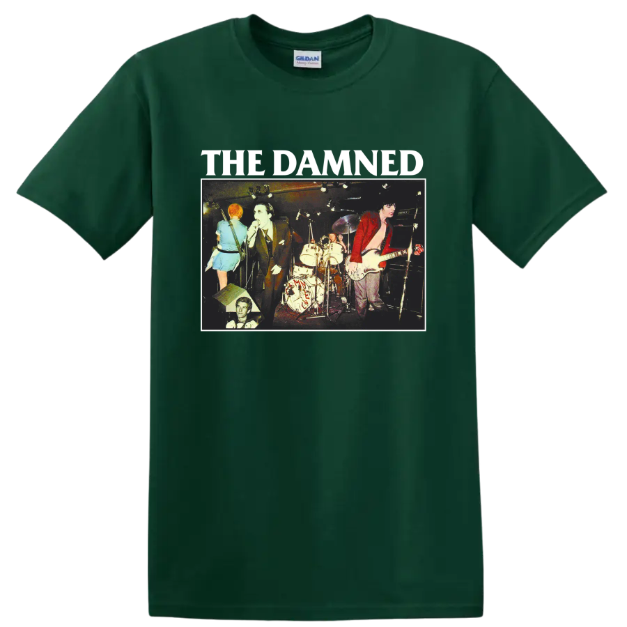 The Damned vintage punk rock live concert graphic with band lettering on a Forest Green T Shirt