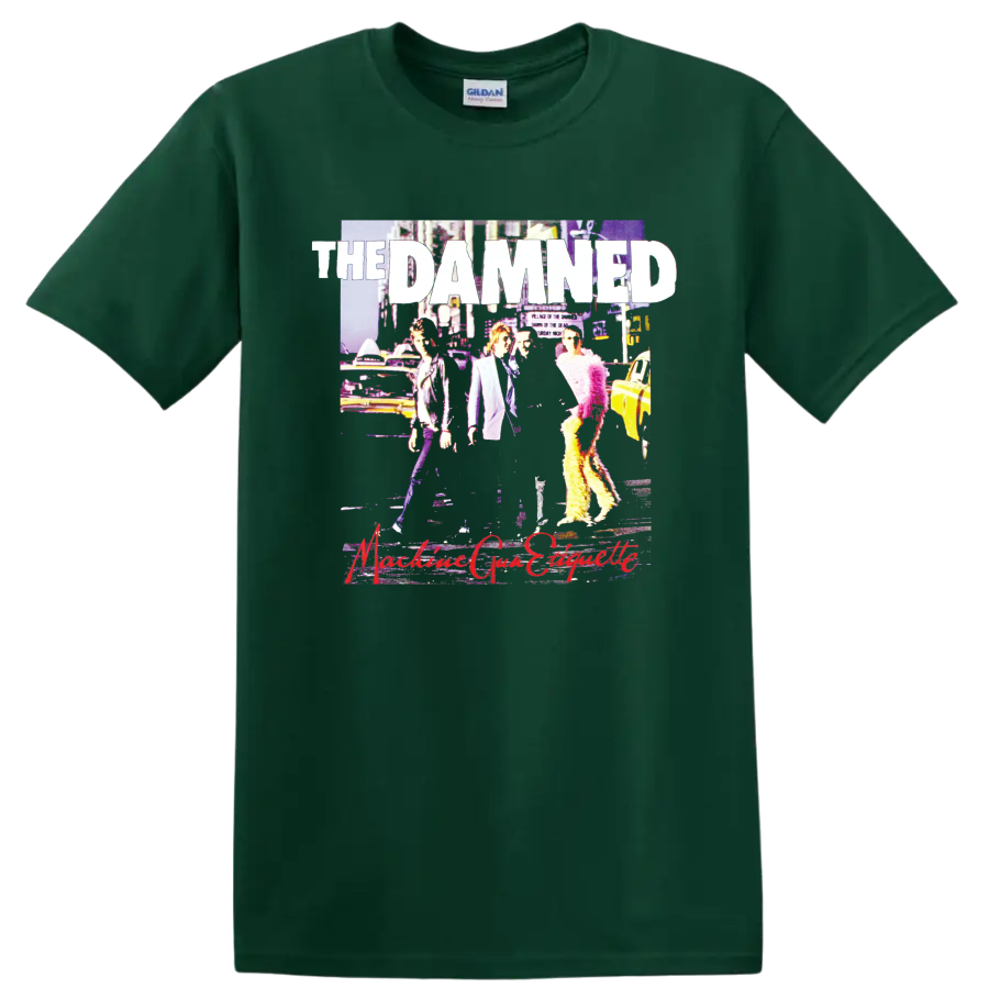 The Damned punk rock band graphic with bold white lettering and vivid collage art on a Forest Green T Shirt