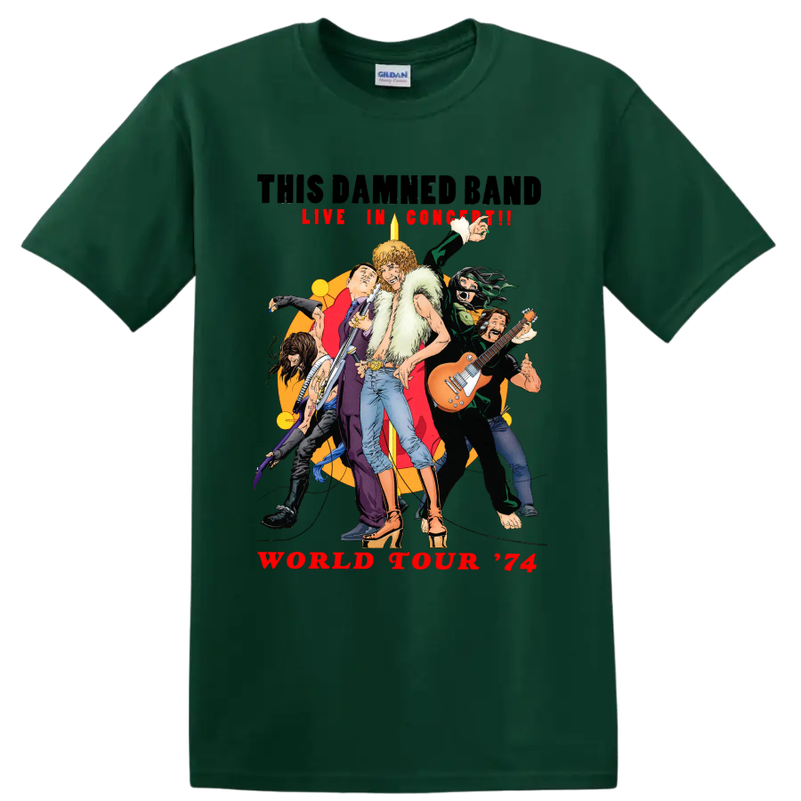 The Damned World Tour 74 vintage punk rock musicians graphic on a Forest Green T Shirt