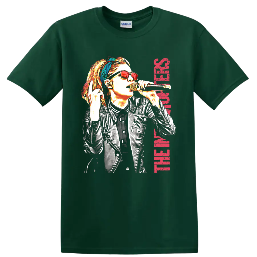 The Interrupters punk rock singer graphic with microphone and red lettering on a Forest Green T Shirt