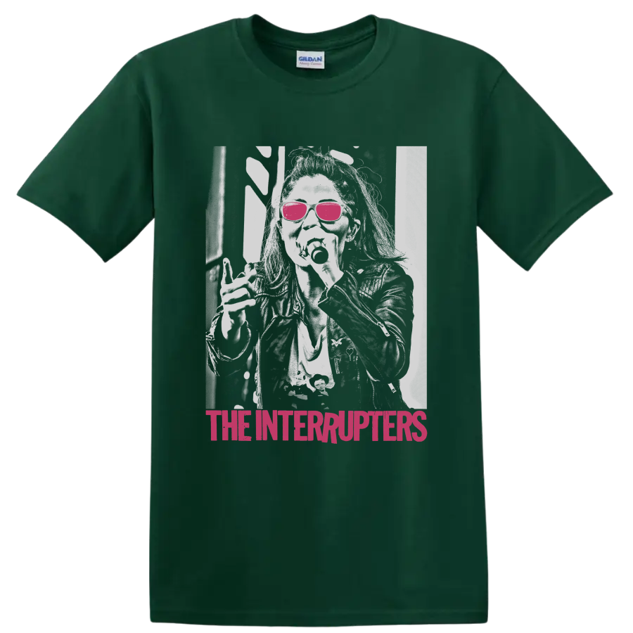 The Interrupters distressed punk rock portrait with pink sunglasses and magenta text on a Forest Green T Shirt
