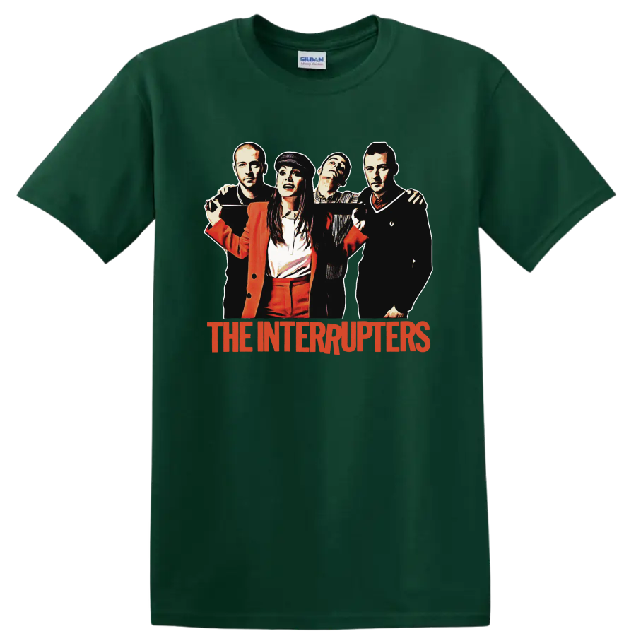 The Interrupters punk rock band portrait with red band name graphic on a Forest Green T Shirt