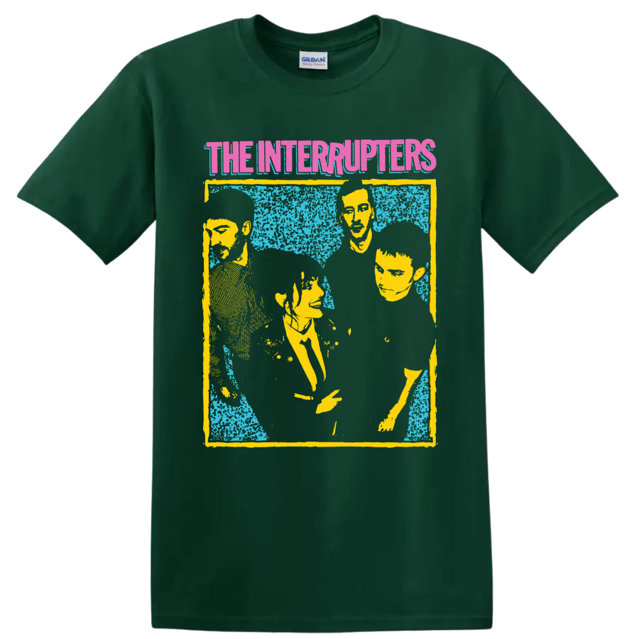 The Interrupters punk rock band portrait graphic with distressed retro styling on a Forest Green T Shirt