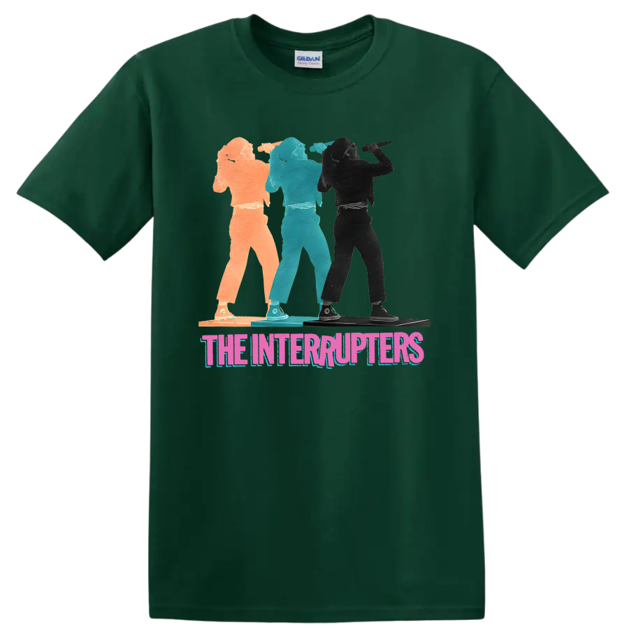 The Interrupters punk rock band graphic with three distressed performer silhouettes on a Forest Green T Shirt