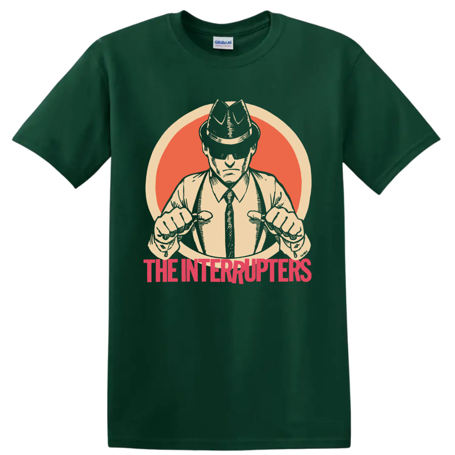 The Interrupters punk rock band graphic with hat-wearing figure and red lettering on a Forest Green T Shirt