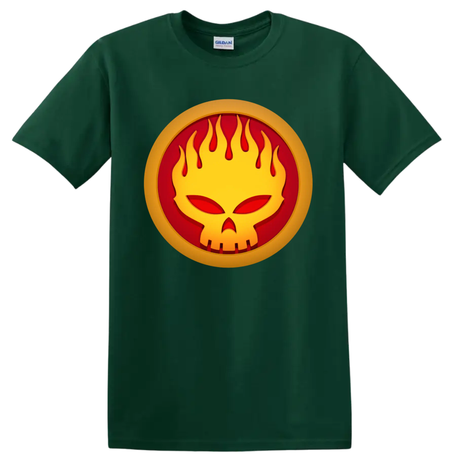 The Offspring flaming face punk rock logo graphic on a Forest Green T Shirt