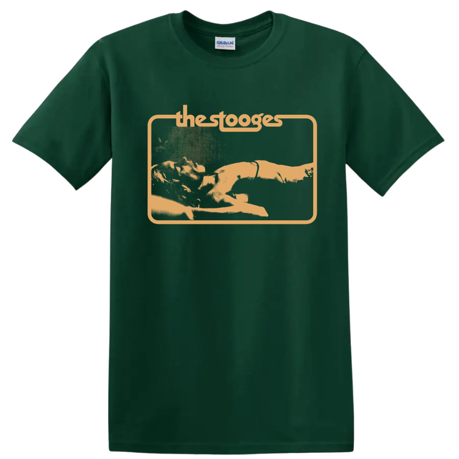 The Stooges distressed punk rock band graphic with framed lettering on a Forest Green T Shirt