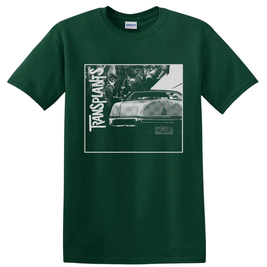 Transplants punk rock distressed car graphic with vertical band lettering on a Forest Green T Shirt